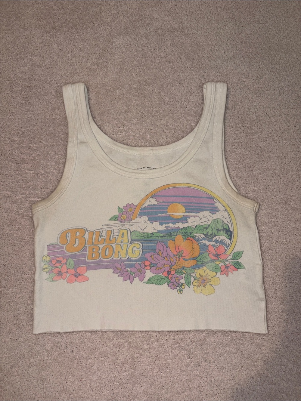Billabong Cream Crop Tank with Pastel Floral Sunset Graphic